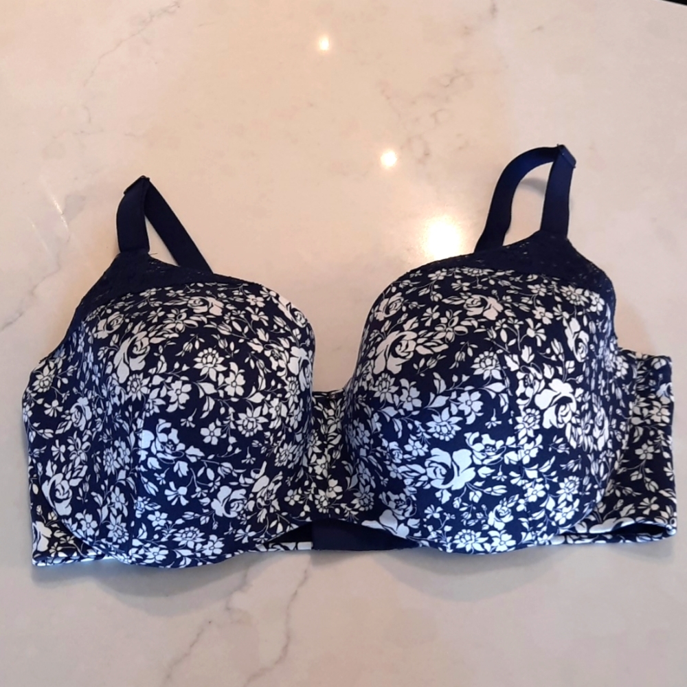 Cacique Back Smoothing  Balconette Bra 40F Navy White Floral